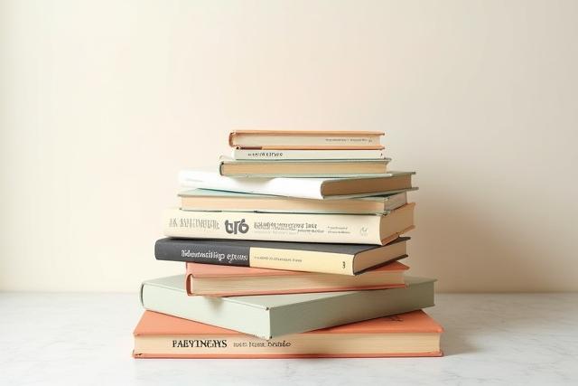 Stapel von Bauhaus-Büchern in modernen Farben auf einem minimalistischen Tisch.