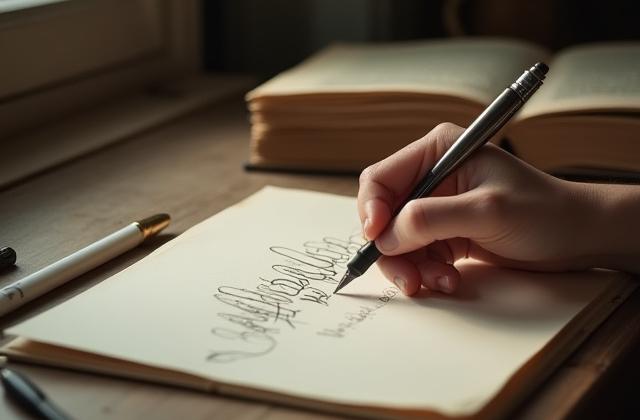 Hand hält eine Feder beim Kalligraphie-Workshop, alter Bauhaus-Typographie-Buch liegt offen.